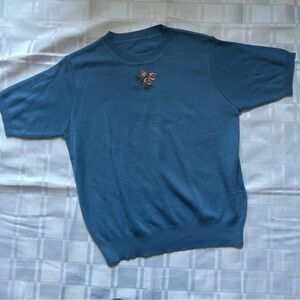 Blue Knit T-shirt with Embroidery Floral Detail
